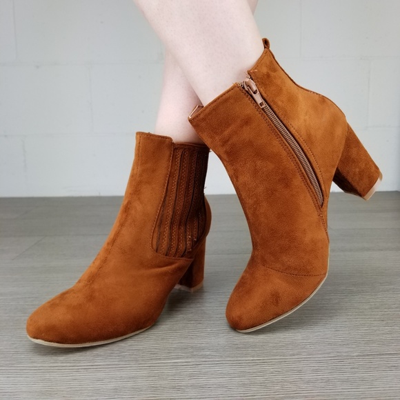 Vegan Suede Tan Bock Heel Ankle Bootie - Picture 6 of 8